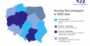 Grafika kolorowa, mapa z terminami ferii zimowych