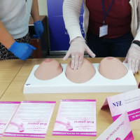 Kolorowa fotografia. Pracownicy OW NFZ uczą się techniki samobadania piersi na narzędziach dydaktycznych