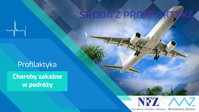 Zdjęcie: palmy na tle zachodzącego słońca. Tekst Profilaktyka chorób zakaźnych w podróży