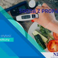 Na zdjęciu: ogórek i pomodor na talerzu. Obok gleukometr. Tekst: Profilaktyka cukrzycy i otyłości.
