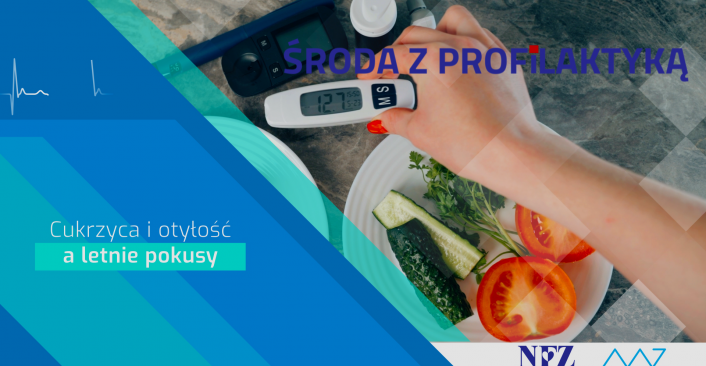Na zdjęciu: ogórek i pomodor na talerzu. Obok gleukometr. Tekst: Profilaktyka cukrzycy i otyłości.