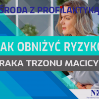 Na zdjęciu: kobieta trzymająca się za brzuch. tekst w ramce - Rak endometrium - Środa z Profilaktyką.