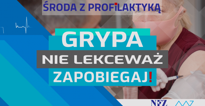 tekst: "Środa z profilaktyką, Grypa, nie lekceważ, zapobiegaj!"