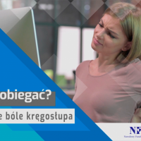 Zdjęcie: kobieta z bólem trzyma się za plecy. Tekst Przewlekłe bóle kręgosłupa Środa z Profilaktyką