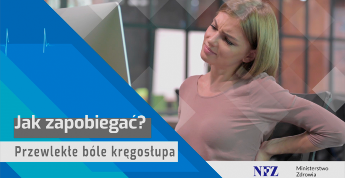 Zdjęcie: kobieta z bólem trzyma się za plecy. Tekst Przewlekłe bóle kręgosłupa Środa z Profilaktyką
