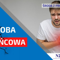 W tle na zdjęciu młody mężczyzna  z bólem trzyma się za okolice serca. Tekst: Choroba wieńcowa - środa z Profilaktyką.