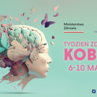 Grafika kolorowa. Po prawej rysunek gu0142owy kobiety w kwaitach. Po prawej tekt: Tydzień Zdrowia Kobiety 6-10 marca